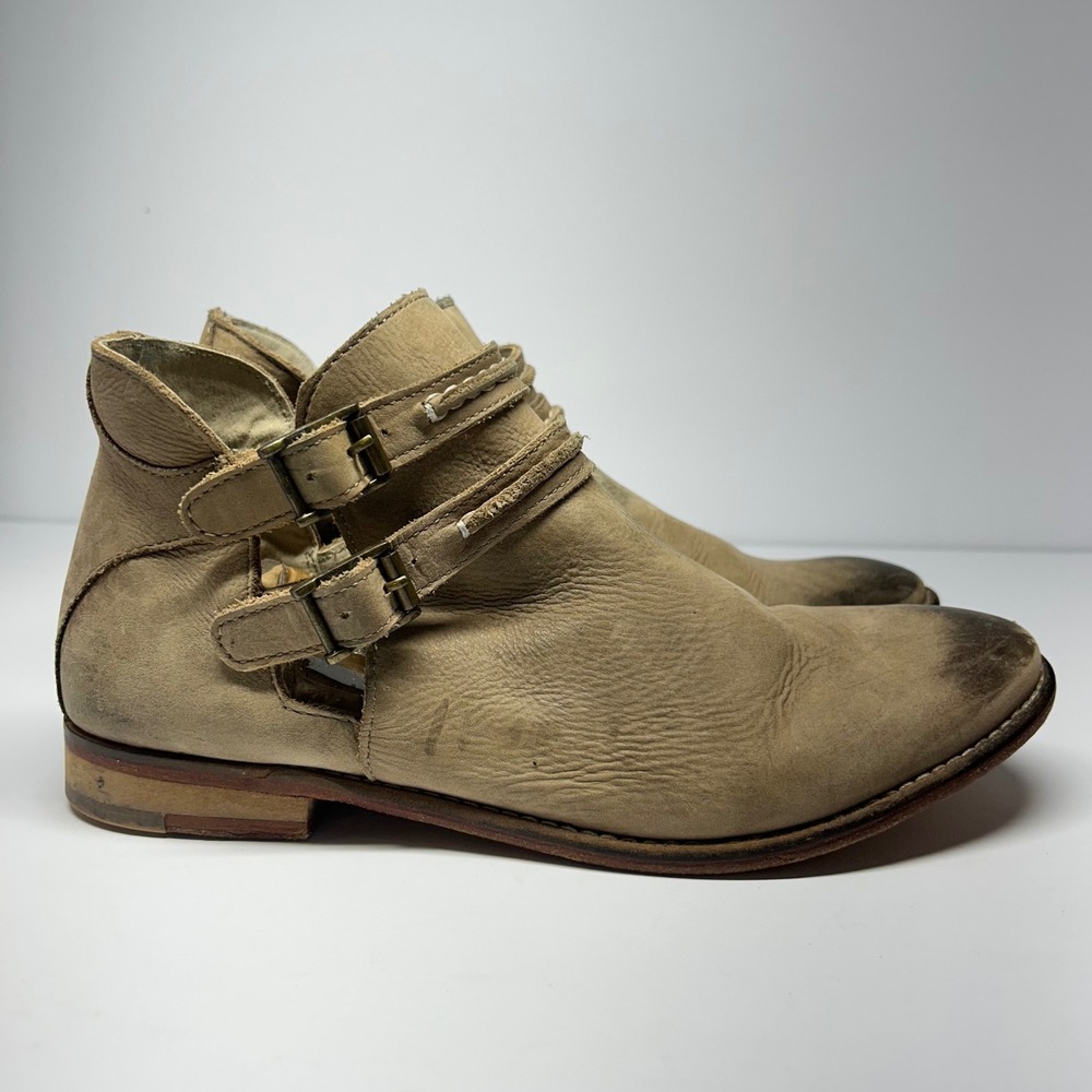 Free People Ankle Boots Tan Leather Buckle Cutout Women Size 8 EU 38 Distressed